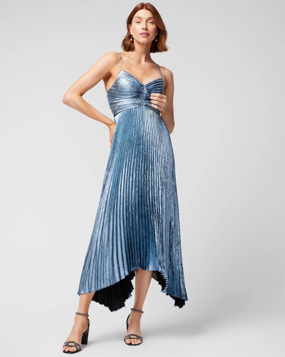 Pleated Metallic Midi Dress
